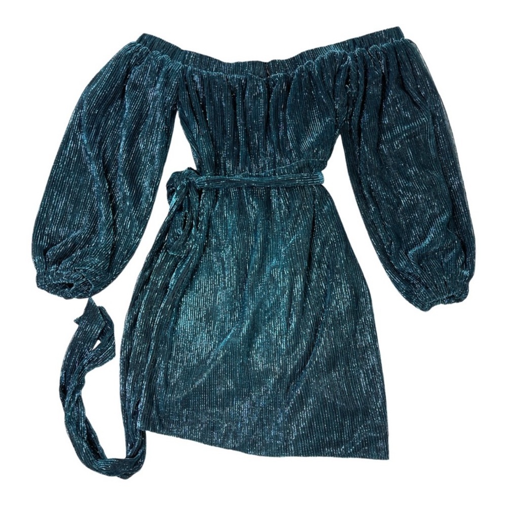 Michael Costello x Revolve Hemma Metallic Blue Off-the-Shoulder Mini Dress NWT - Picture 4 of 8